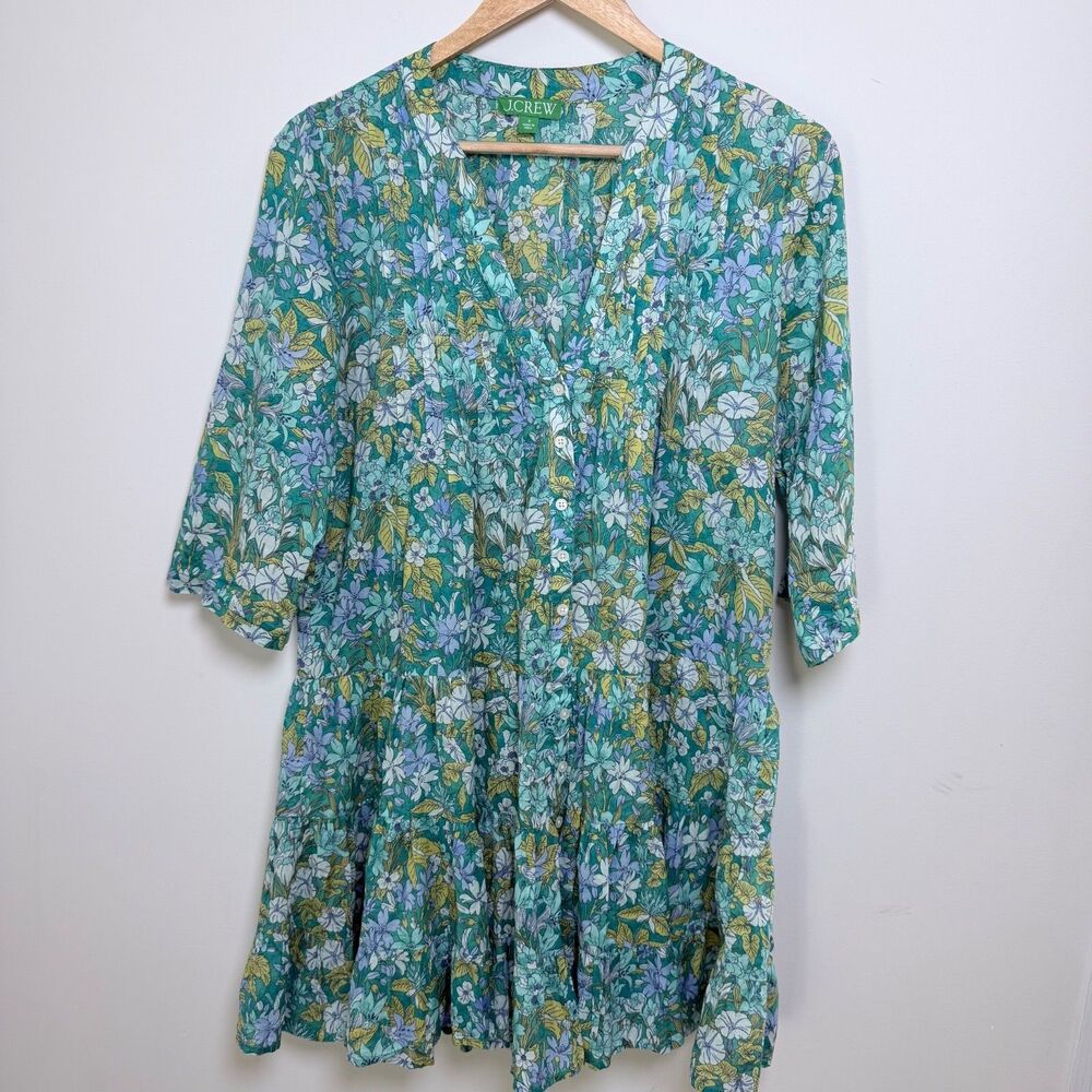 J.Crew BQ979 S Aqua Blooms Floral Cotton Voile Cover Up Dress Green Tiered